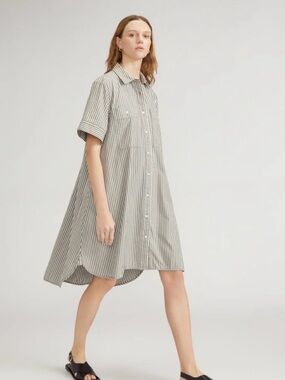 Everlane Striped Short-Sleeve Shirt Dress. 100% cotton  in Light Grey and White